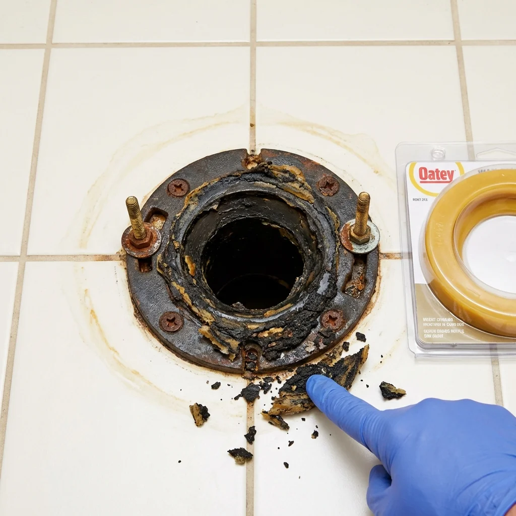 Failed wax ring showing water seepage at the base of a toilet in a Harrison, NE home