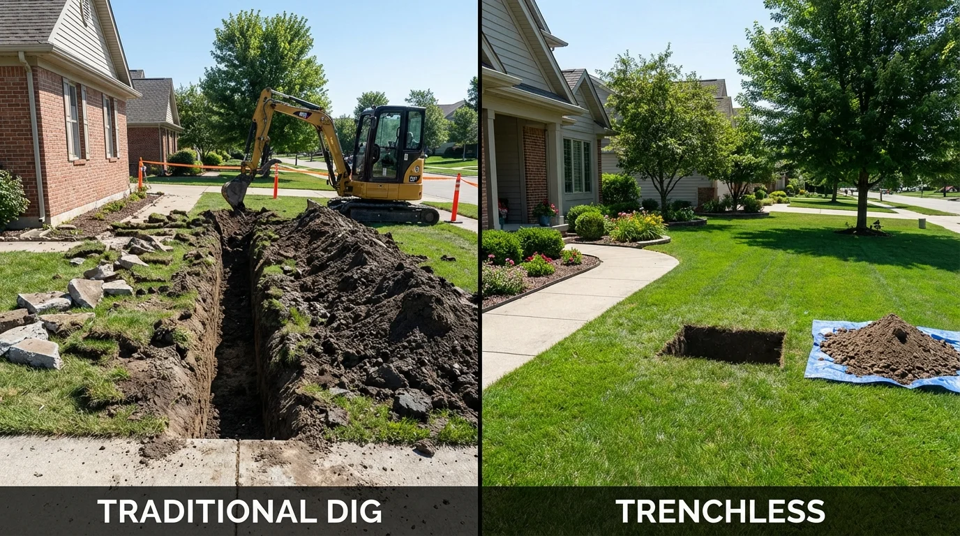 Trenchless sewer repair with minimal yard damage versus traditional excavation in Harrison, NE